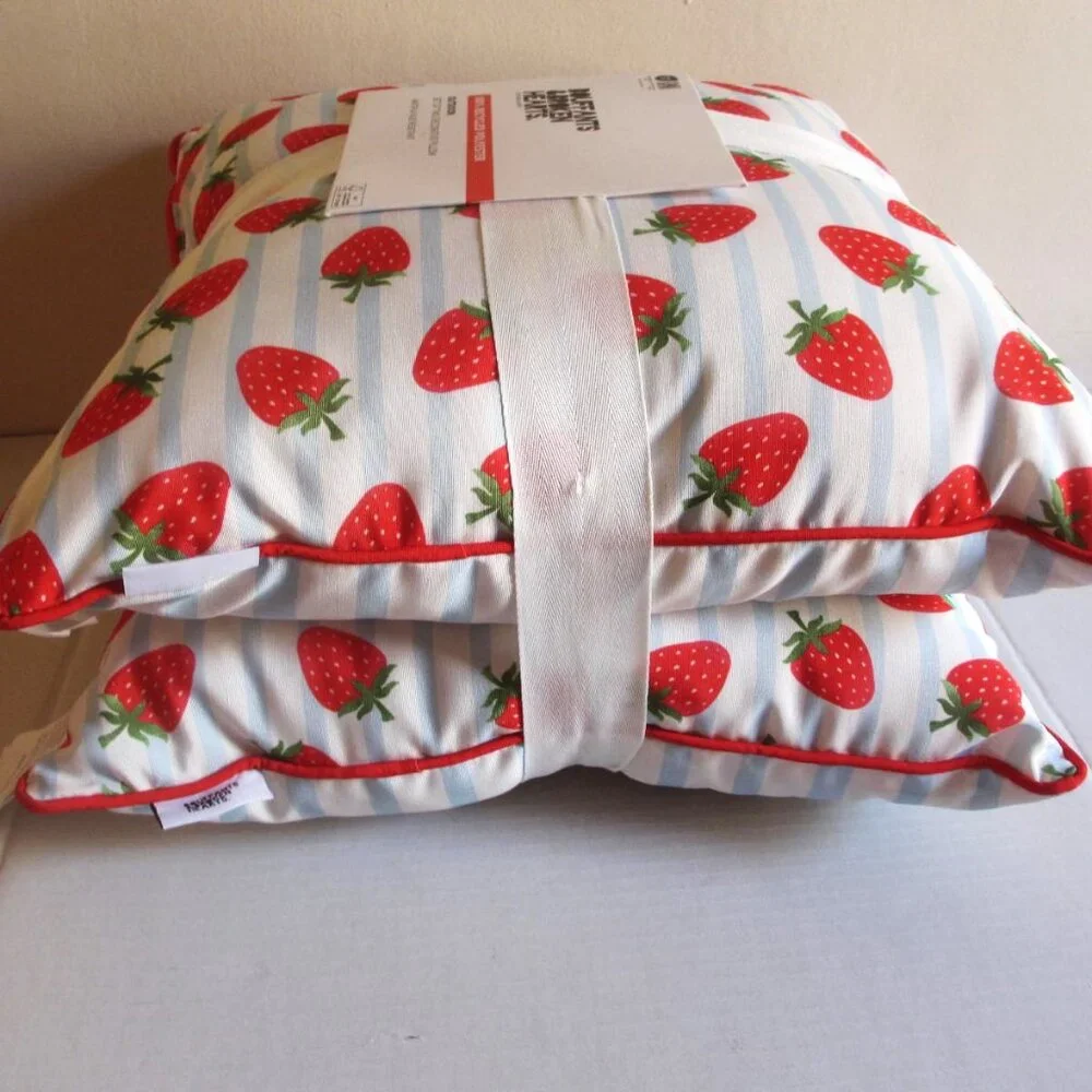 2 x Bouffants And Broken Hearts Pillows Strawberries Blue Stripes Indoor Outdoor